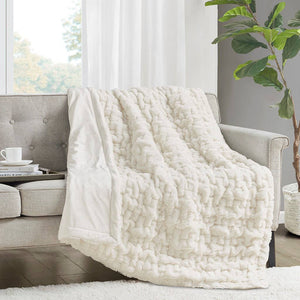 Ruched Faux Fur Throw Blanket, Ivory