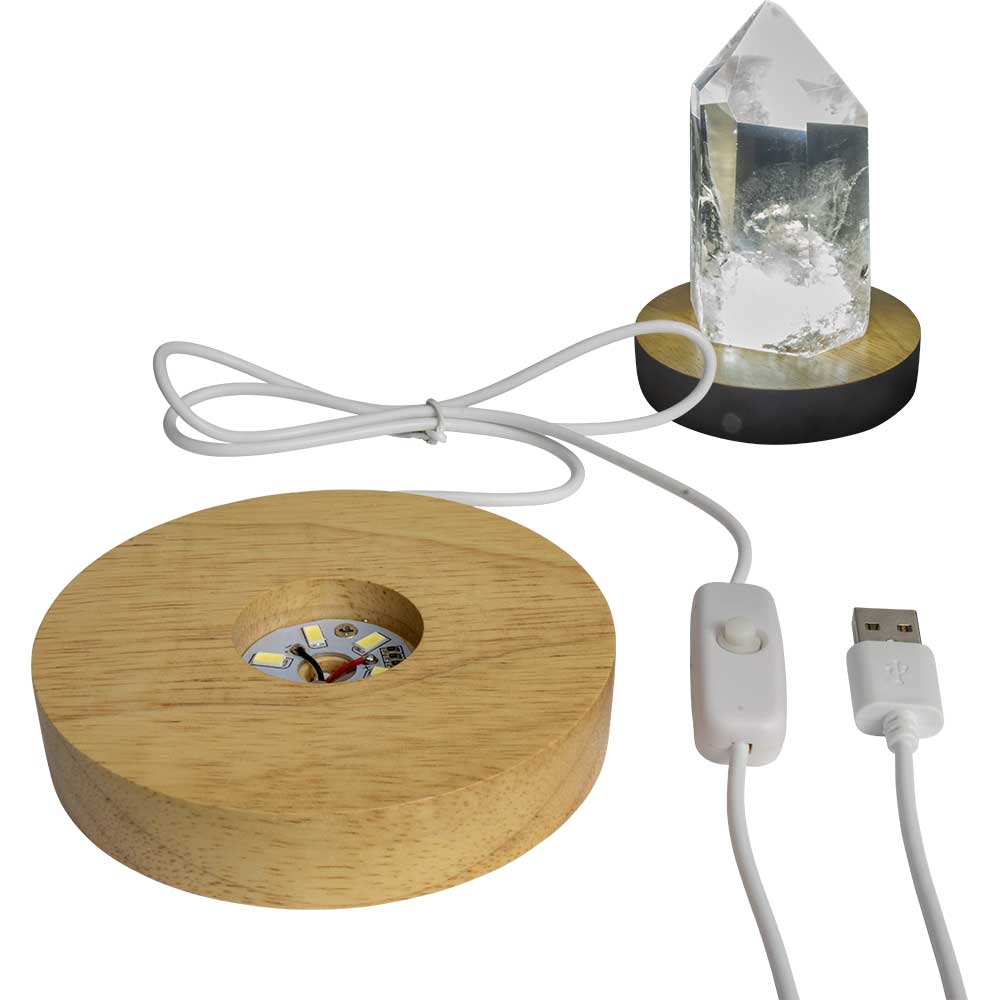 Wood Led Light Base W/Usb Cord - White 4"Di.X0.75"H