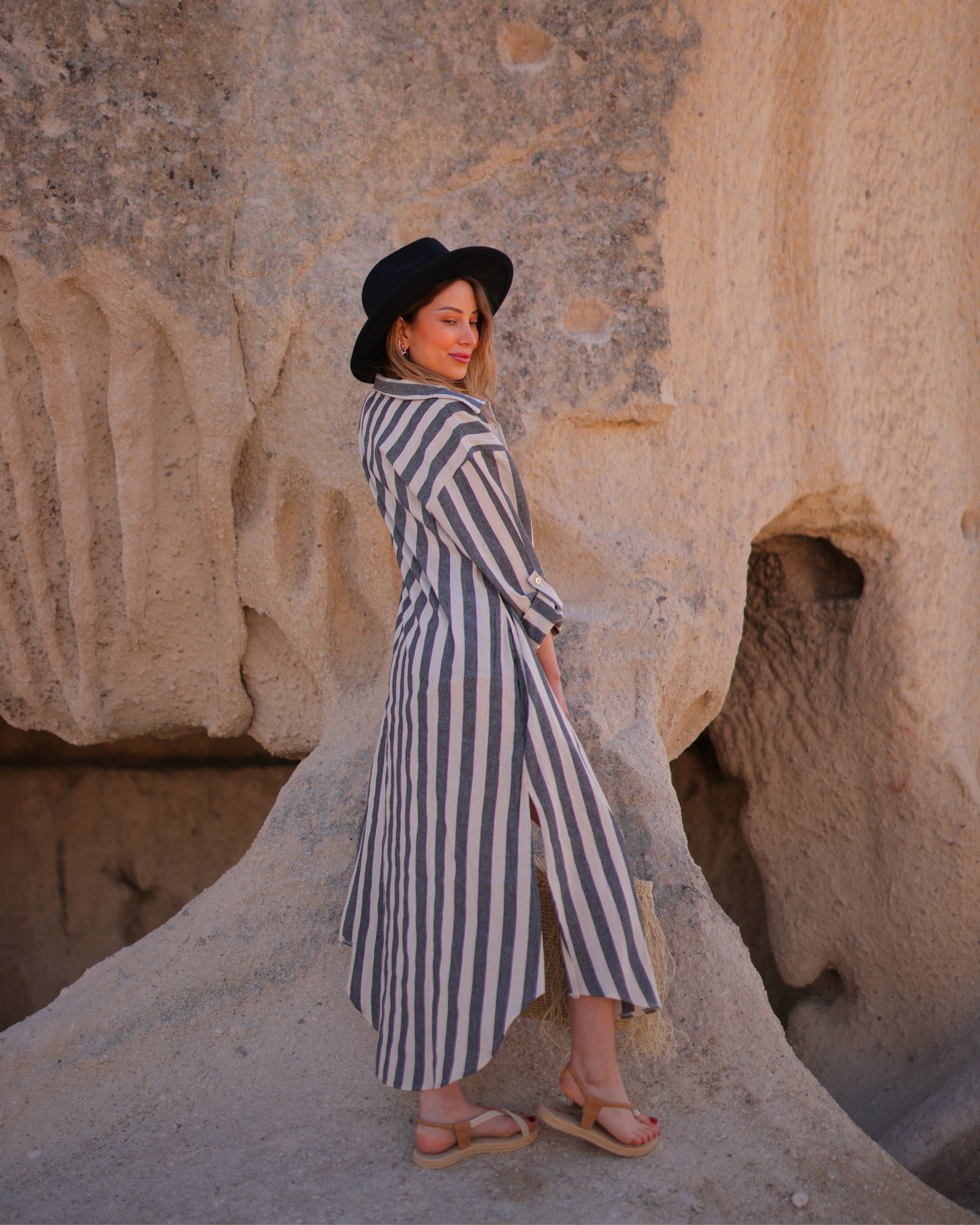 Anthracite Striped Long Linen Shirt Dress