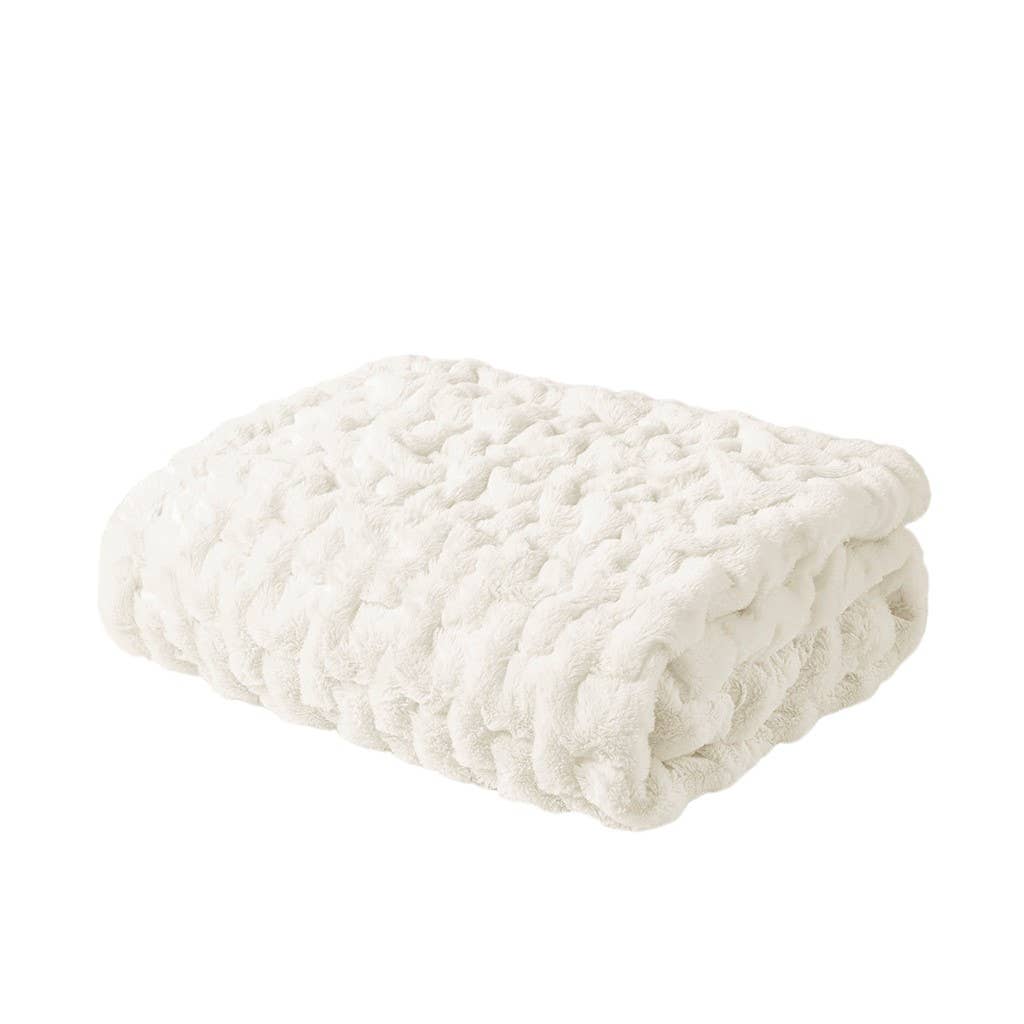 Ruched Faux Fur Throw Blanket, Ivory