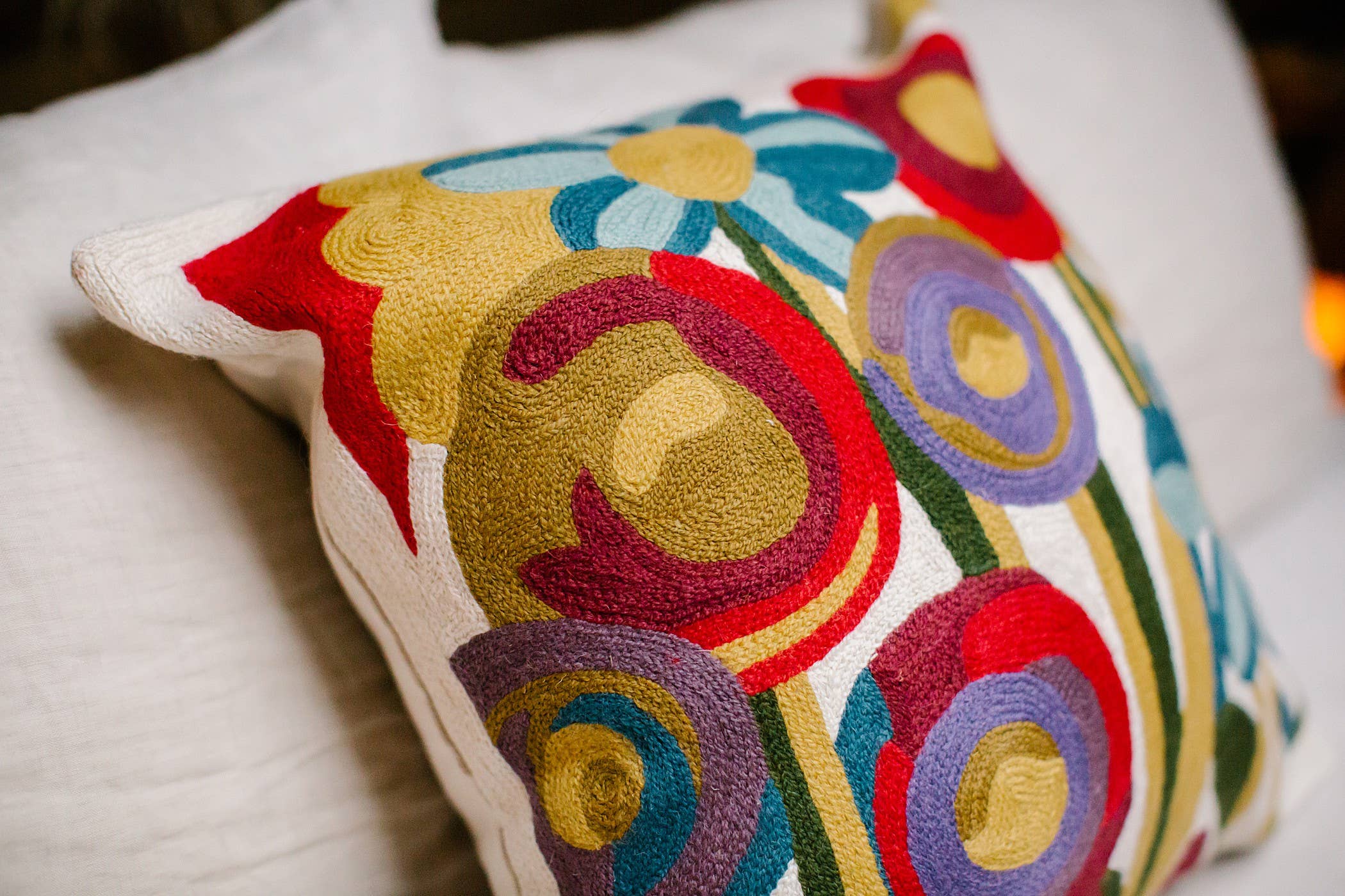 Hand embroidered wool Abstract Flower design pillow