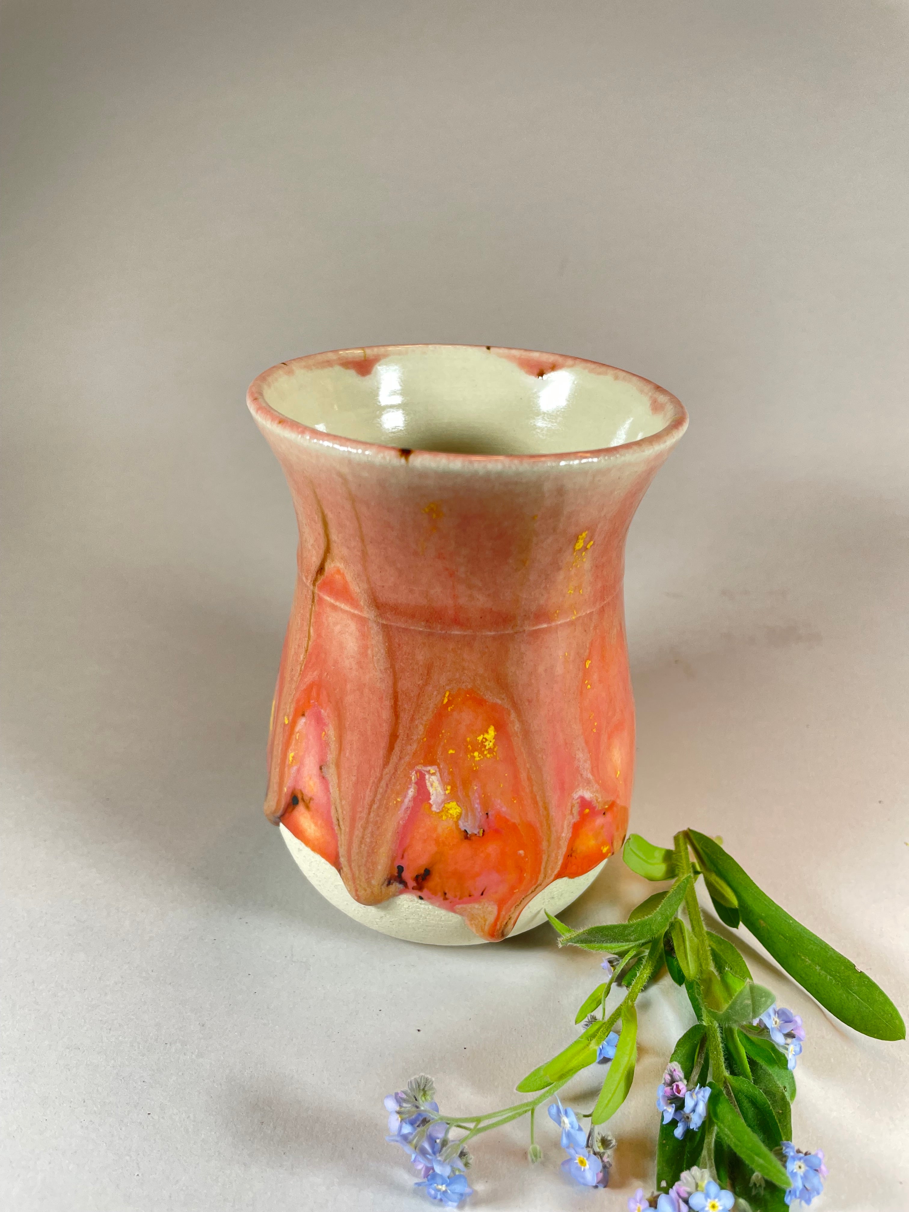Pottery by Jackie- Fluted Pink Drip Vase