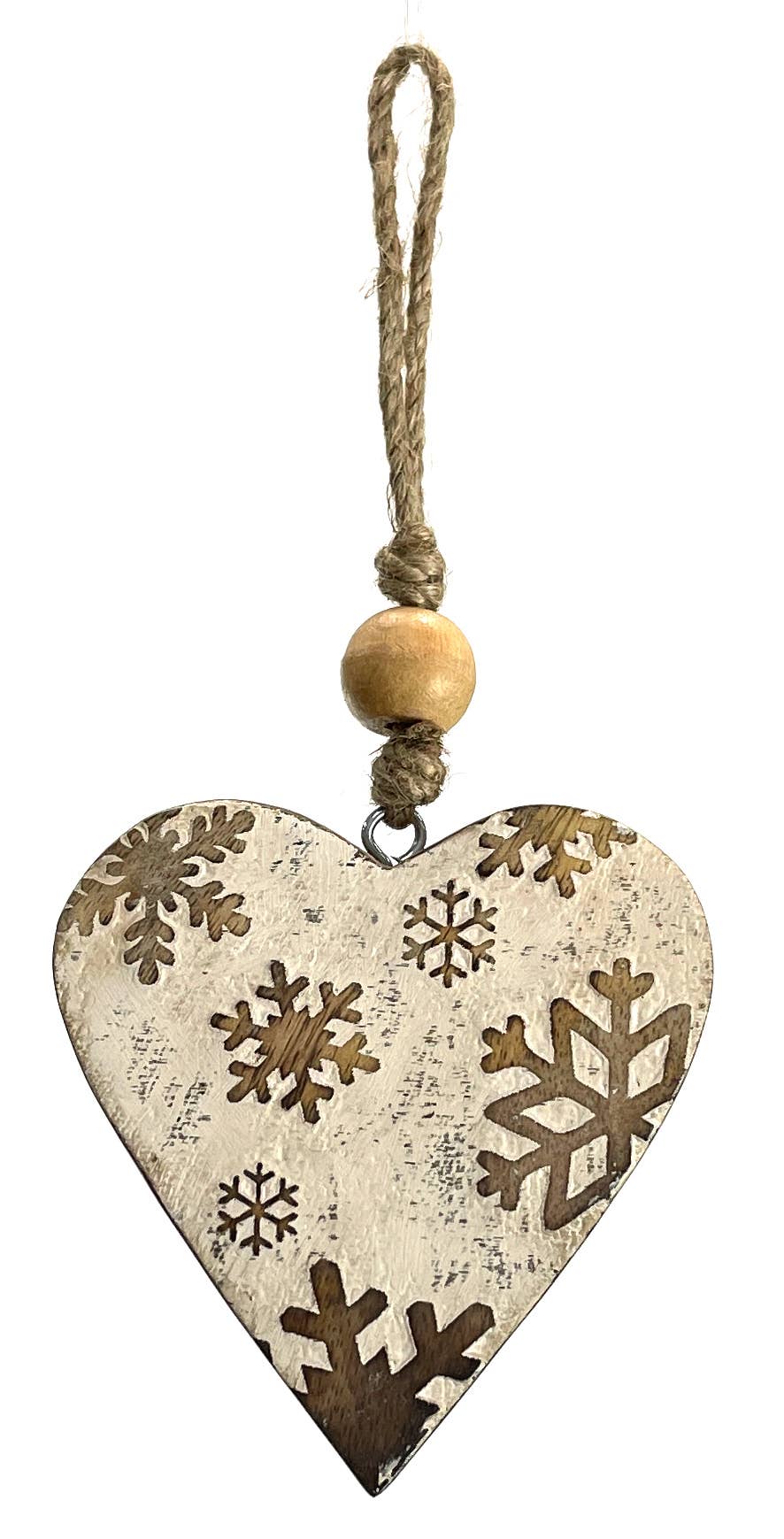 Mango Wood Ornament - Heart Snowflakes Vintage White 4"
