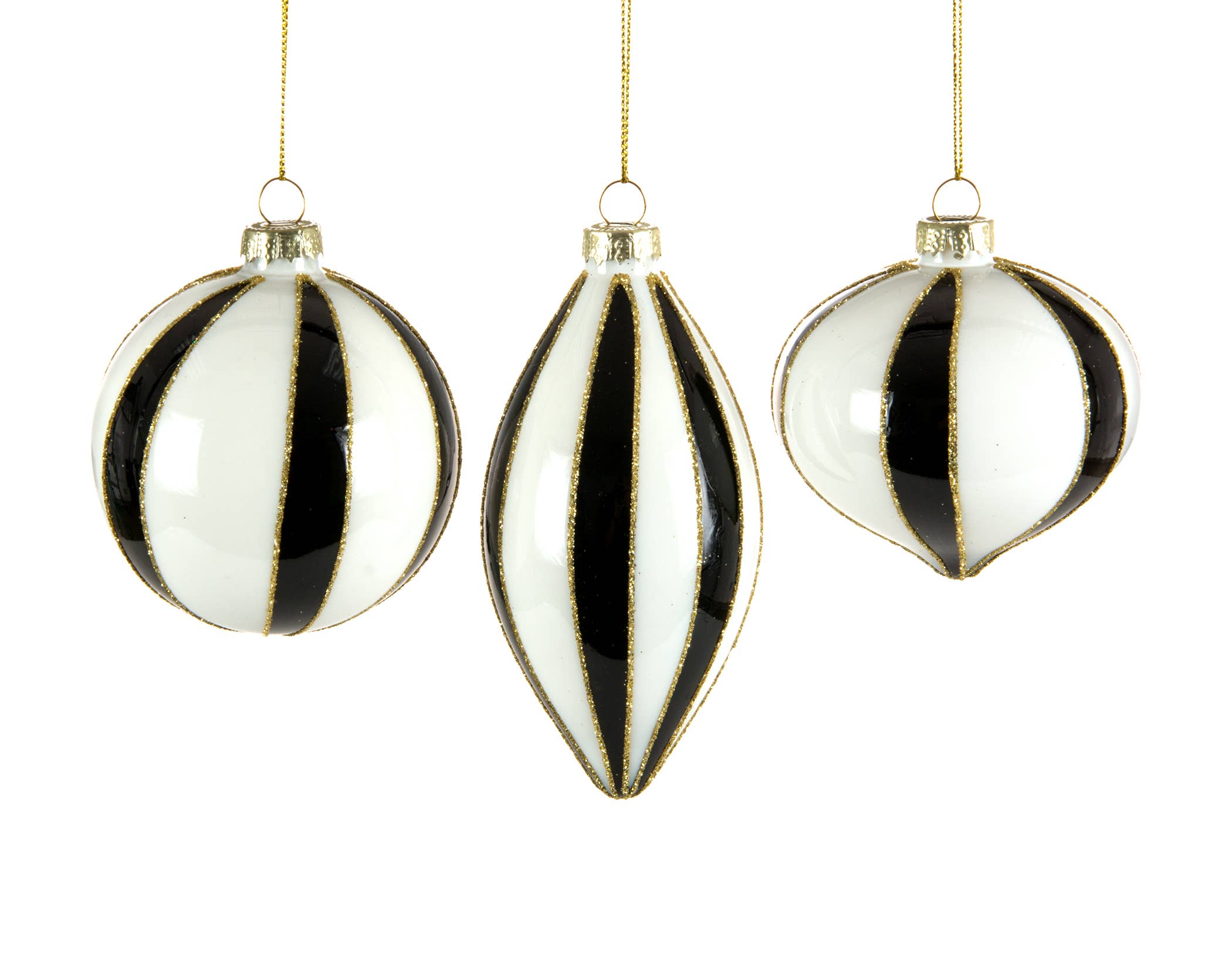 3 Asstd 3" Black, Gold & White -Ball, Drop & Onion Ornaments-sold individually