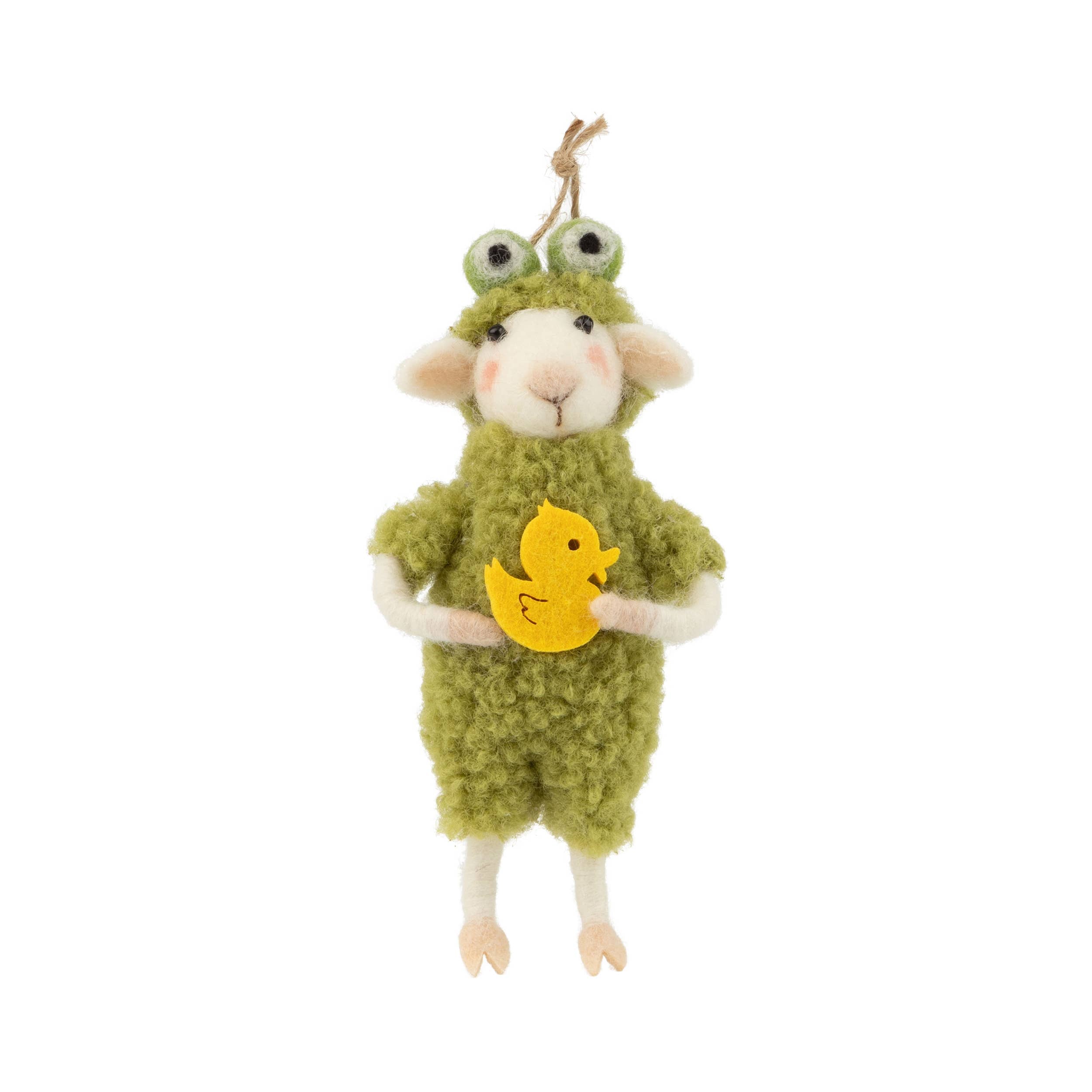 Felt lamb in a frog suit with felt ducky