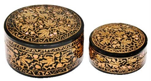 Papier-Mache Round Boxes Set of 2 - Gold & Black Maple Leave