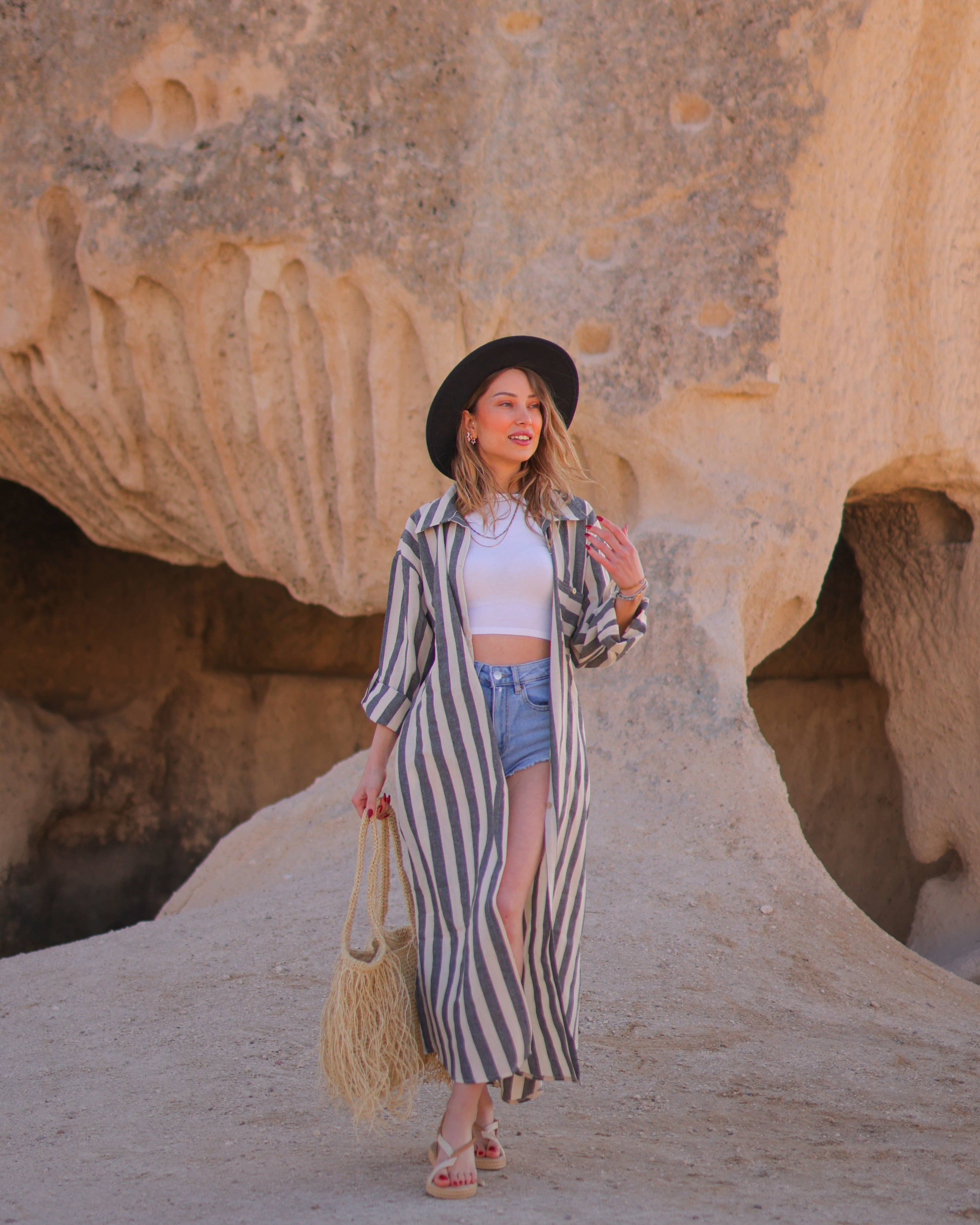 Anthracite Striped Long Linen Shirt Dress