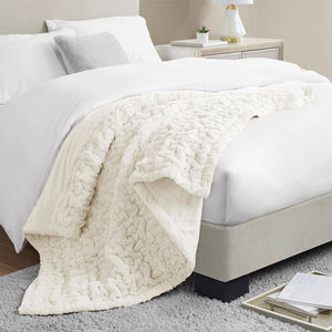 Ruched Faux Fur Throw Blanket, Ivory