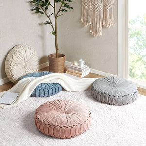 Pleated Chenille Round Floor Pillow Seating Cushion Cream