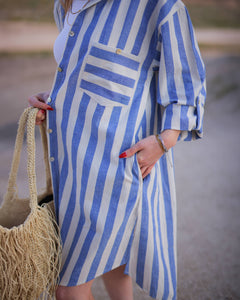 Blue Striped Short Linen Shirt Dress