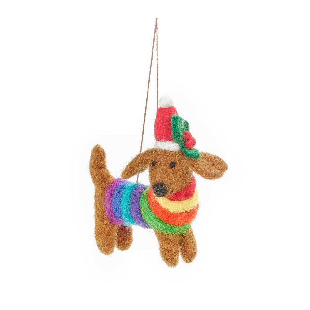 Handmade Felt Festive Rainbow Dog Ornament