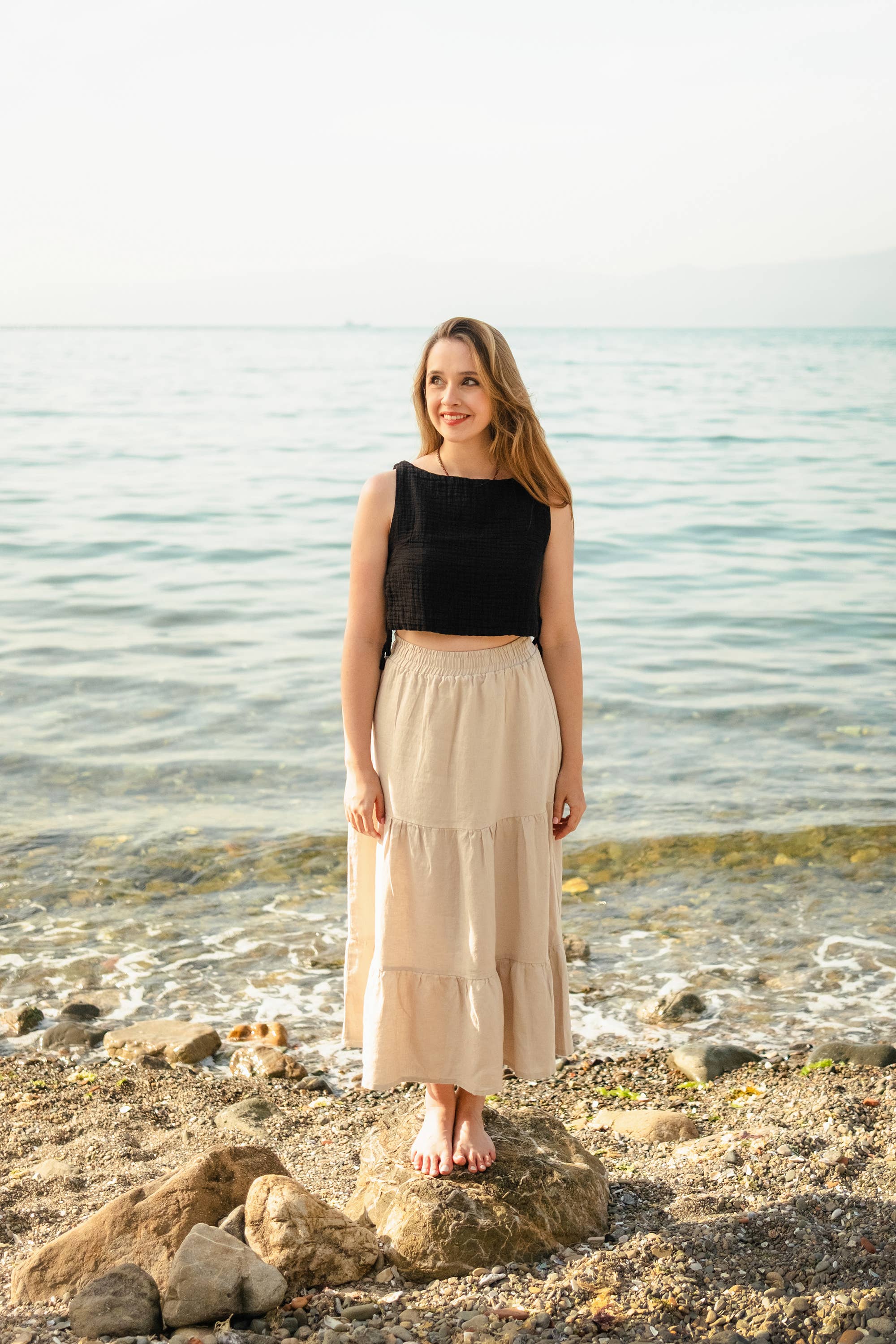Linen Blend Tiered Maxi Skirt