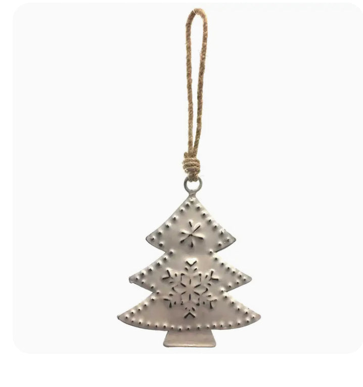 Iron Ornament - Tree w/ Embossed Snowflakes White 4"
