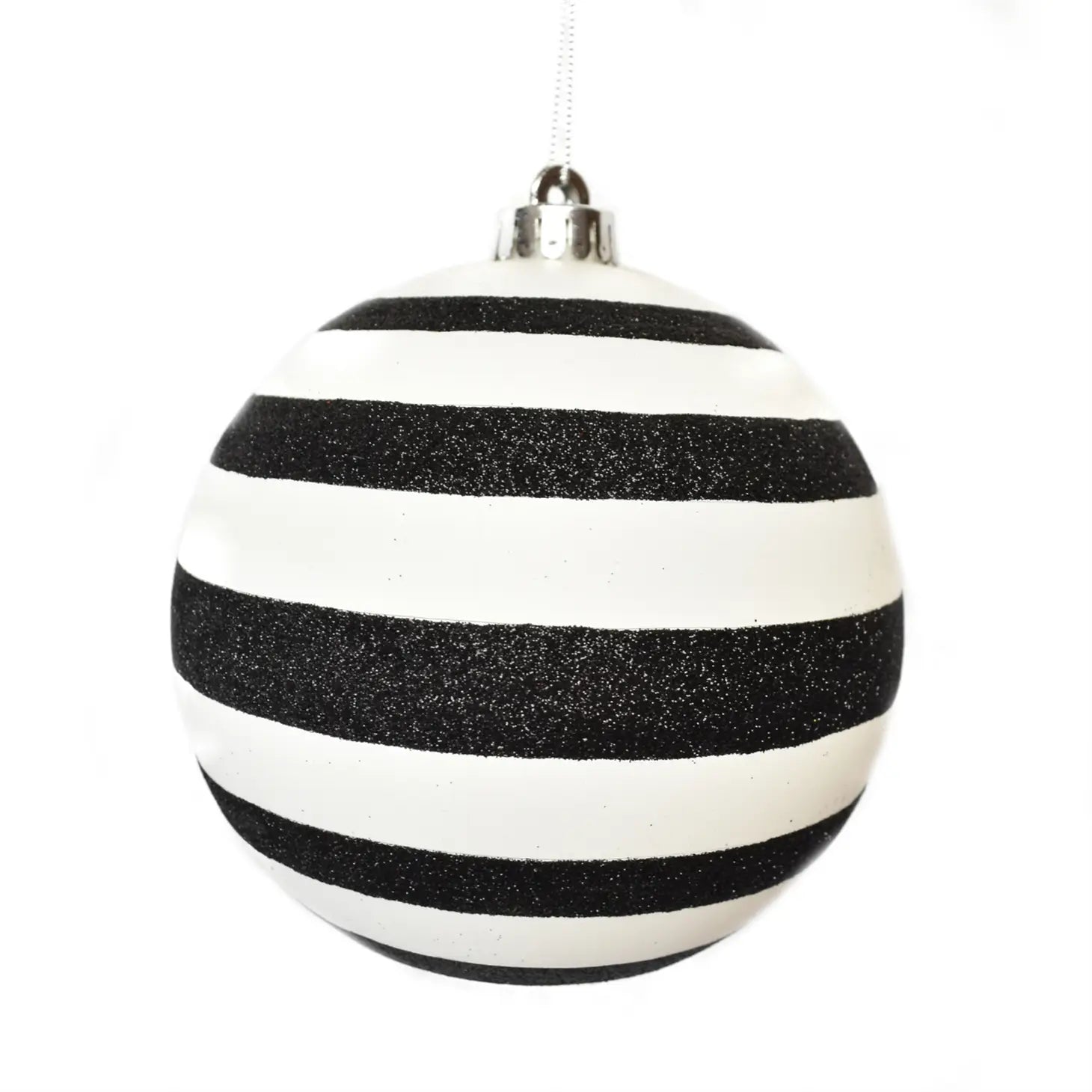 Ornament~ Mat Black Ball with white glitter stripes