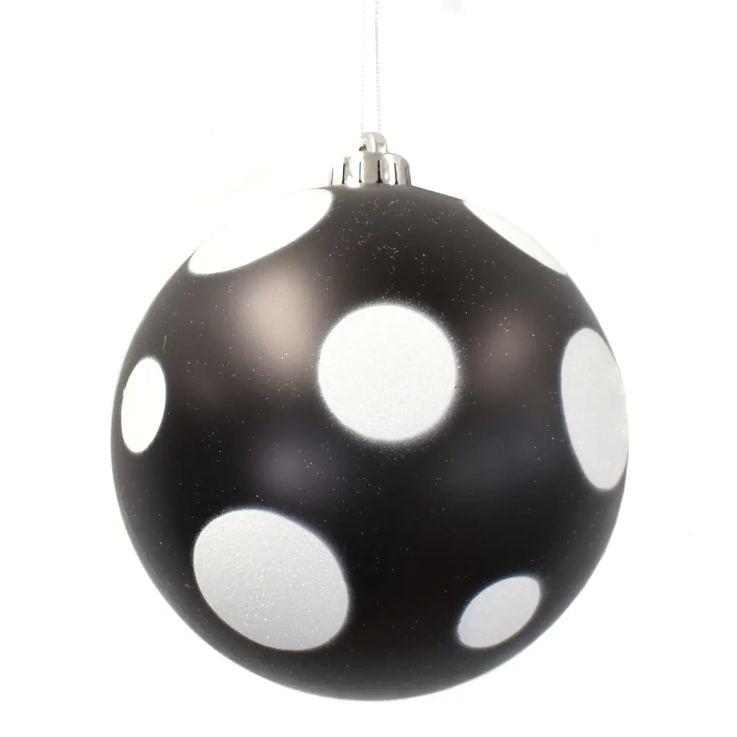 Ornament~ Mat Black Ball with white glitter Dots 8”