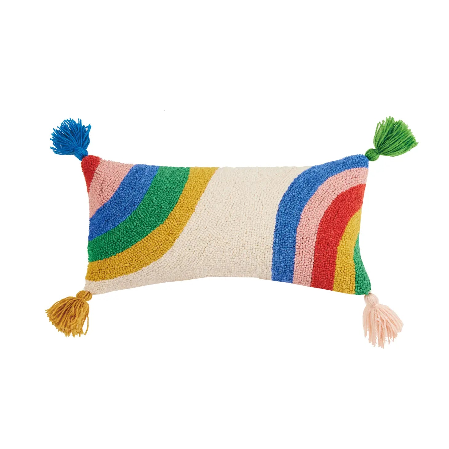 Rainbow with Tassels Wool Hooked Pillow Designed by Ampersand