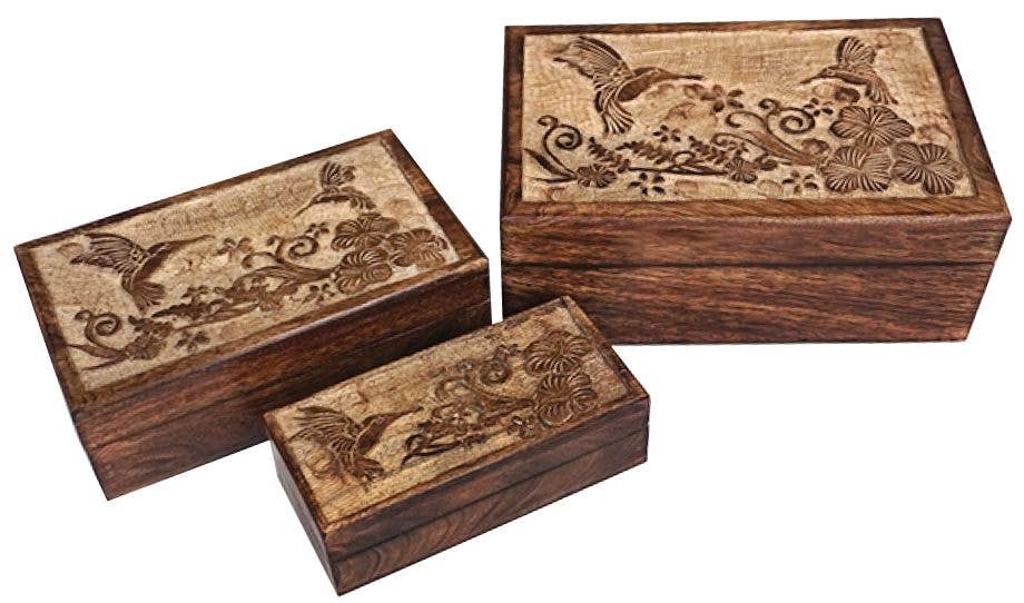 Mango Wood Rectangular Boxes- 3 sizes - Hummingbirds