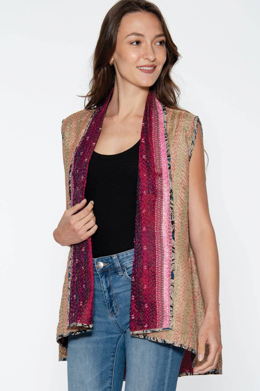 Reversible Kantha Silk Sleeveless Jacket