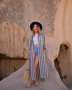 Anthracite Striped Long Linen Shirt Dress