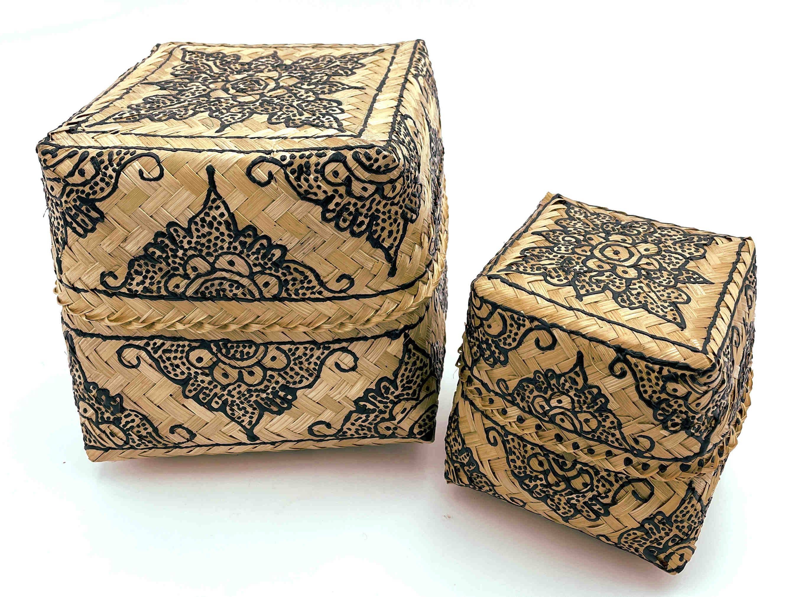 Balinese Keben Bamboo Boxes Set of 2 - Mandala Natural & Black