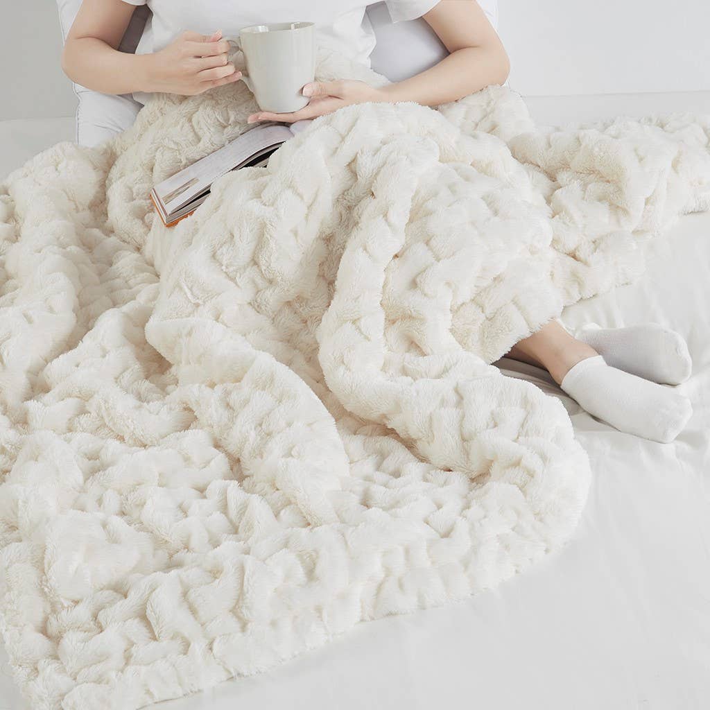 Ruched Faux Fur Throw Blanket, Ivory