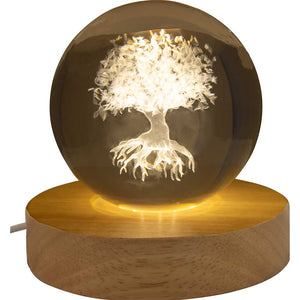 Glass Crystal Ball Engrav.-Wood Led Light Base-Tree Of Life