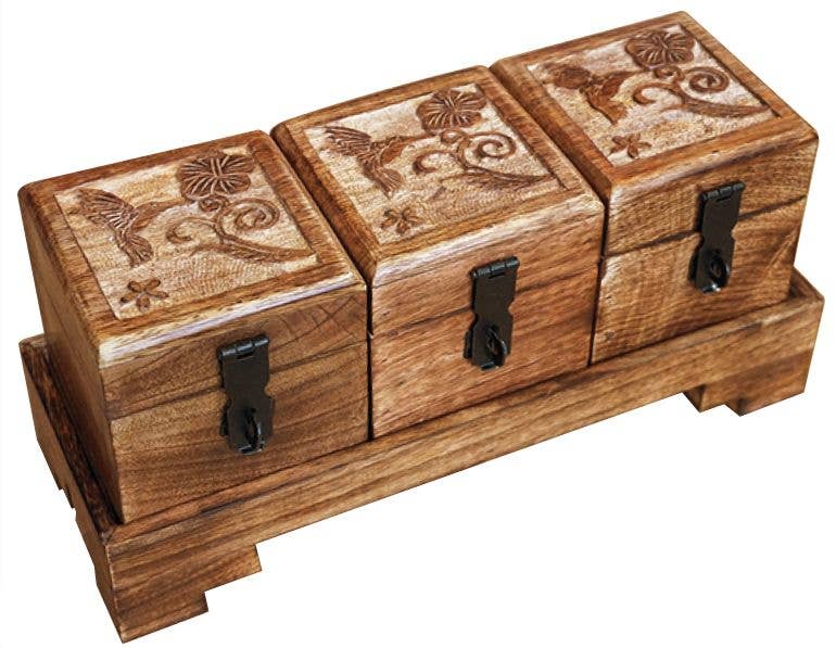 Mango Wood Boxes on Tray Set of 3 - Hummingbirds