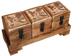 Mango Wood Boxes on Tray Set of 3 - Hummingbirds
