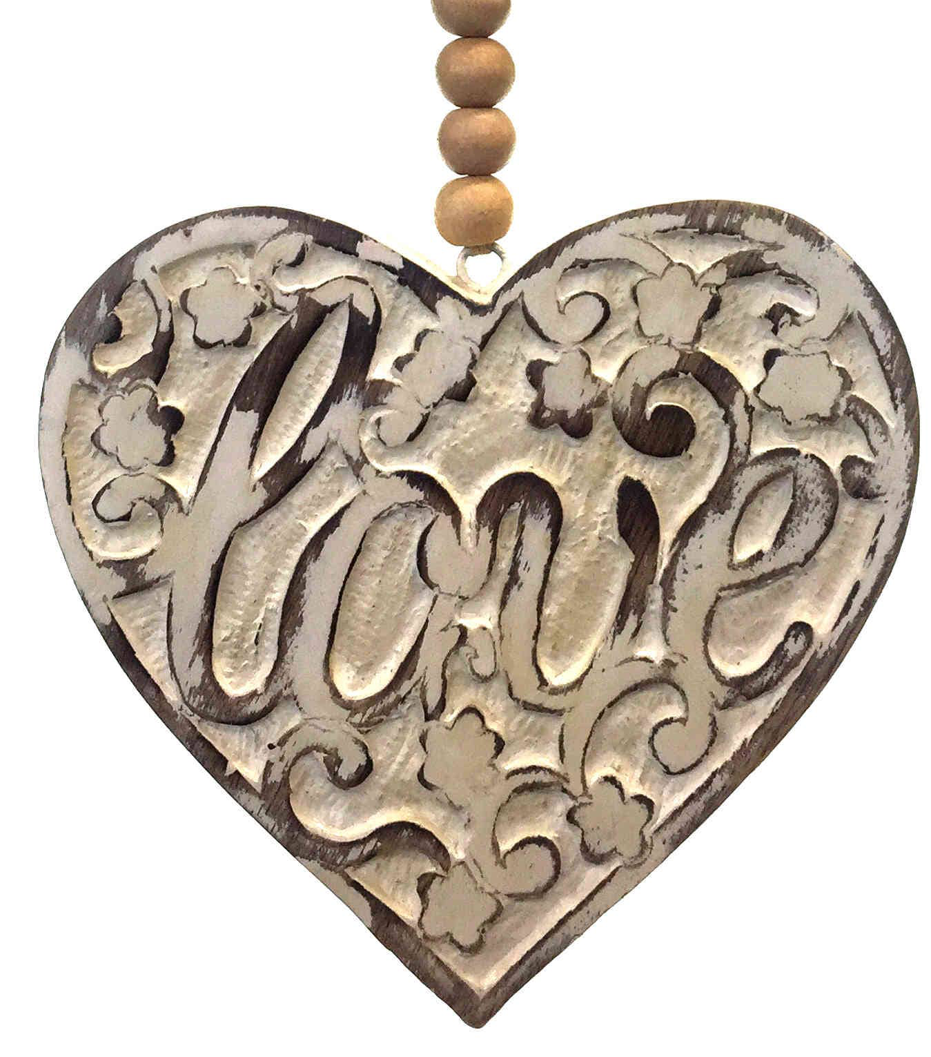 Mango Wood Heart with Beads - Love 6"