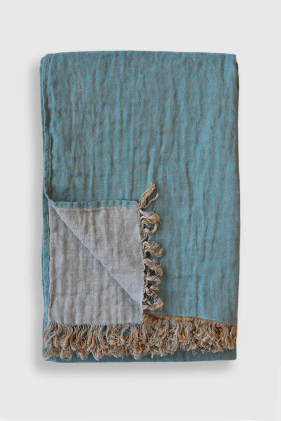 Salina Double Sided Linen Throw- Turquoise and Natural