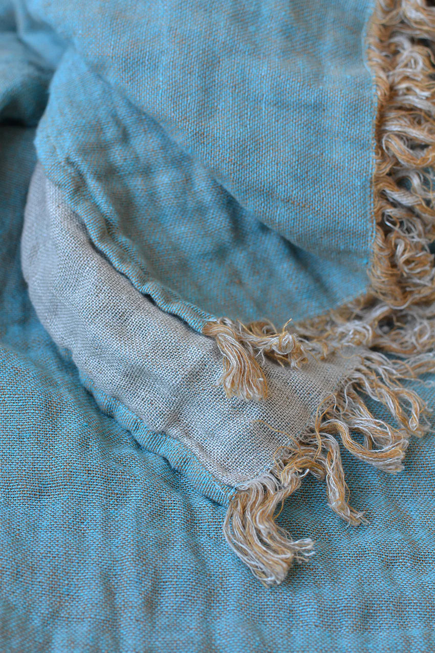 Salina Double Sided Linen Throw- Turquoise and Natural