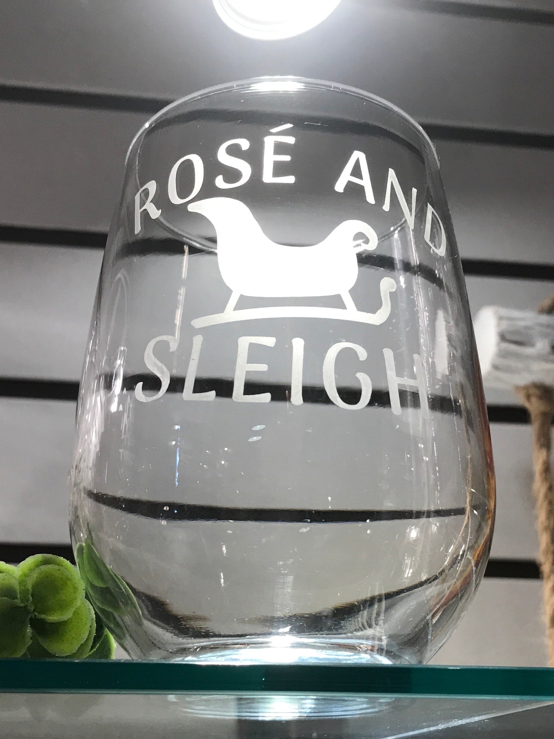 Locally Etched Wine Glasses~ Rose and Sleigh